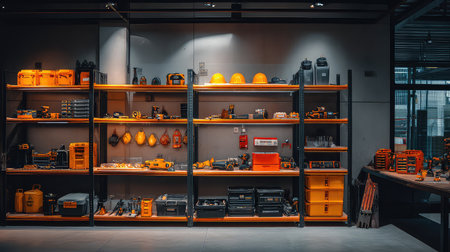 An organized workspace showcases bright yellow tools and equipment on sleek modern shelves, creating a visually appealing and efficient industrial environment.の素材