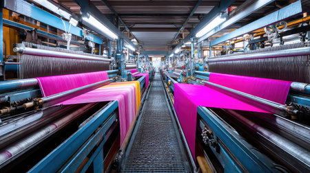 A dynamic textile manufacturing scene showcasing colorful fabrics on looms, emphasizing the intricate weaving process within a modern industrial setting.の素材