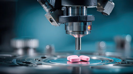A detailed close-up of pink pills being examined under a microscope in a modern pharmaceutical lab, showcasing the intersection of technology and medicine.の素材