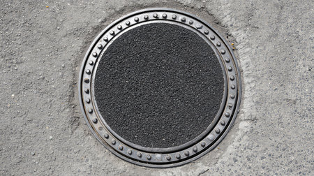 A close-up view of a circular manhole cover set in an asphalt surface. This image showcases the detailed texture and clean design suitable for urban planning and infrastructure themes.の素材