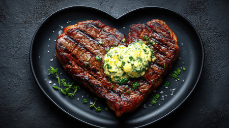 A stunning grilled steak served in a heart shape on a black plate, topped with savory herb butter, perfect for a romantic dining experience.の素材