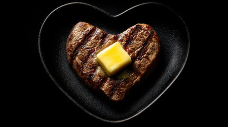 A beautifully grilled steak placed on a heart-shaped plate, topped with a pat of butter, ideal for romantic dinners or special occasions.の素材