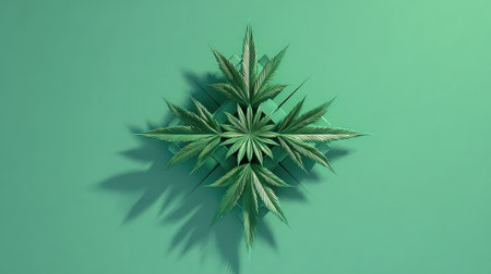 This captivating design features stylized leaves arranged in an intricate pattern against a smooth green background, ideal for wellness and nature-inspired themes.の素材