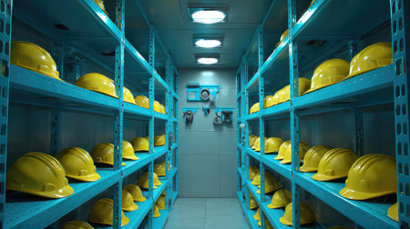 This image showcases a neat and organized storage room filled with bright yellow hard hats on blue metal shelves. Perfect for illustrating workplace safety and equipment management.の素材