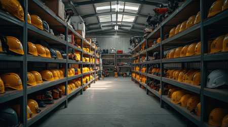 This image shows the interior of a well-organized safety equipment warehouse with rows of yellow hard hats and various tools, emphasizing safety in workspaces.の素材