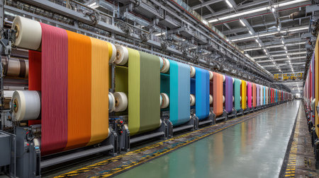 A vibrant textile production line featuring a variety of colorful rollers in a modern industrial setting, showcasing the intricate fabric manufacturing process.の素材