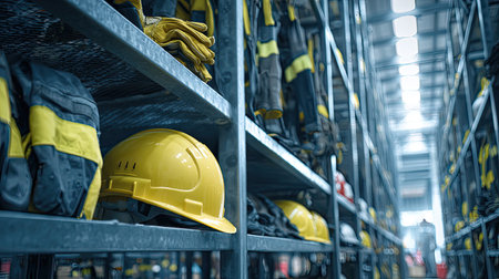 This image showcases a well-organized industrial storage area featuring yellow hard hats and various safety gear arranged on metal shelves.の素材