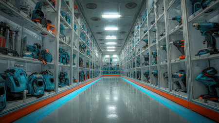 This image showcases a well-organized professional workshop featuring a variety of power tools stored neatly in display cabinets, highlighting craftsmanship and innovation.の素材