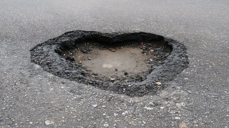 This image shows a large heart-shaped pothole in an urban street, surrounded by cracked asphalt debris, highlighting infrastructure issues and safety concerns.の素材