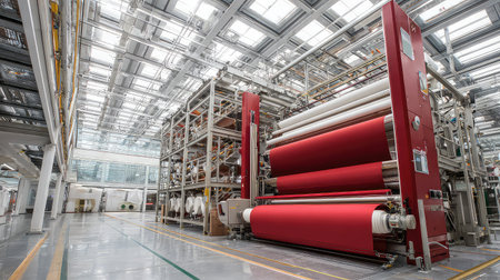 This image showcases a modern textile manufacturing facility filled with advanced machinery. Bright sunlight floods the spacious interior, highlighting the intricate machinery used for fabric production.の素材