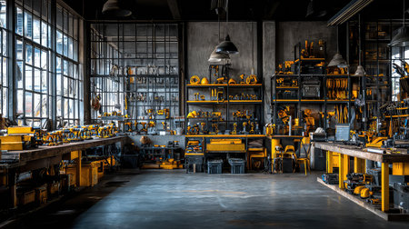 This image showcases a vibrant industrial workshop, featuring an array of tools and equipment. Bright yellow accents contrast with the concrete setting, emphasizing a modern design.の素材