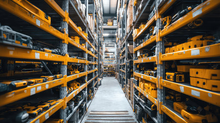 This image showcases an organized industrial warehouse filled with yellow tools and equipment arranged on shelves, highlighting productivity and efficiency.の素材