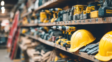 A vibrant yellow hard hat sits atop a sturdy wooden shelf in a busy construction workshop filled with various power tools and equipment.の素材