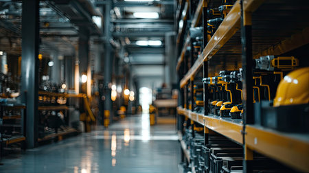 A spacious industrial warehouse showcasing power tools and safety gear on organized shelves, reflecting a modern and efficient work environment for professionals.の素材