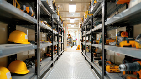 A well-organized industrial workshop showcases shelves lined with various tools and safety helmets, providing a practical and efficient workspace for professionals.の素材