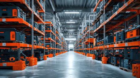 A spacious and modern warehouse interior featuring tall storage racks filled with industrial tools. The bright lighting enhances organization and efficiency.の素材