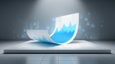 This modern 3D graphic showcases a flowing chart with blue elements, creating a vivid representation of data analysis and financial growth in a captivating studio environment.の素材