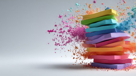 A captivating arrangement of colorful foam blocks stands tall, enveloped by vivid powder splashes, creating an artistic and playful composition.の素材