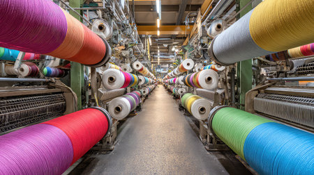 A vibrant view of an industrial textile factory showcasing colorful spools of thread aligned perfectly along production lines, highlighting the manufacturing process.の素材