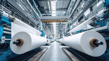 A vibrant interior of a modern paper manufacturing facility showcasing large paper rolls and advanced machinery, emphasizing efficiency and technology.の素材