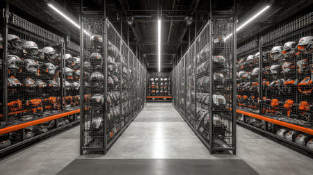 This stock photo features a modern storage facility filled with organized rows of sports helmets, highlighting the importance of safety and teamwork in athletics.の素材