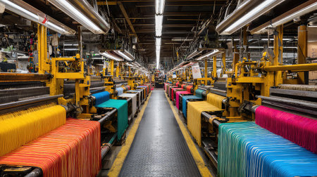 Experience the dynamic atmosphere of a weaving factory filled with vibrant spools of yarn. The image showcases intricate machinery and colorful threads, highlighting the craftsmanship and technological innovation in textile production.の素材