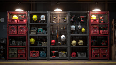 An organized display of various construction tools and safety gear in a modern workshop setup, perfect for professionals and DIY enthusiasts.の素材