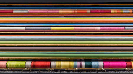 A striking display of colorful thread and yarn spools arranged in horizontal stripes. Perfect for showcasing textures, materials, and crafting inspiration.の素材