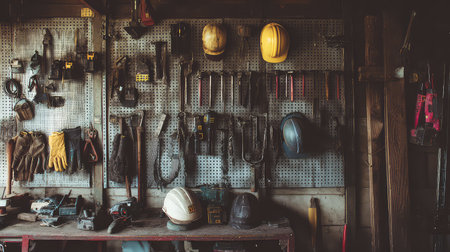 A visually striking arrangement of various tools and safety gear displayed on a pegboard in a rustic workshop setting, ideal for trades and DIY enthusiasts.の素材