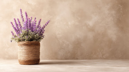 A stunning lavender arrangement in a rustic pot enhances any space with its natural beauty. The soft beige background adds a calming touch, perfect for home decor.の素材