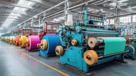 This image showcases a vibrant textile factory filled with colorful machinery and spools of yarn. The environment reflects modern industrial design, demonstrating advanced weaving technology in a creative workspace.の素材
