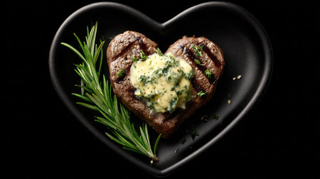 A beautifully presented heart-shaped plate featuring a juicy steak topped with herb-infused butter and garnished with fresh rosemary, perfect for a romantic meal.の素材