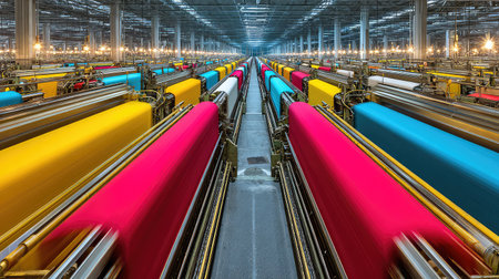 A vibrant textile production area displaying machinery and colorful fabric rolls running through an industrial workspace. The image showcases the lively operation and intricate design of modern textile manufacturing.の素材