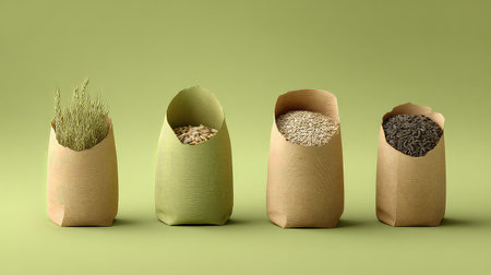 A collection of eco-friendly bags containing various grains and seeds, placed against a soft green backdrop, symbolizing natural and healthy food choices.の素材