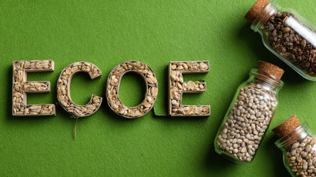 A vibrant eco-friendly display of seeds arranged artistically against a green background, showcasing sustainability and organic gardening with glass jars.の素材