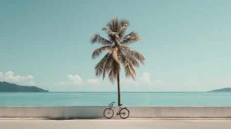 A tranquil coastal scene featuring a lone bicycle resting by a vibrant coconut palm tree, with peaceful ocean waters and a clear sky, perfect for summer relaxation.の素材
