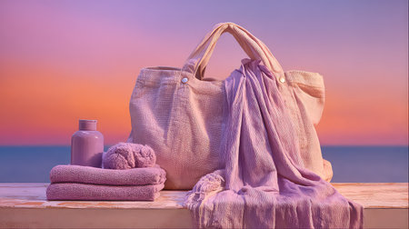 This beautiful still life captures elegant lavender beach accessories including a bag, towels, and lotion, set against a tranquil sunset by the ocean.の素材