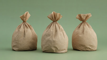 Three brown paper bags tied at the top with string sit against a soft green background, showcasing a minimalist and natural aesthetic perfect for various concepts.の素材