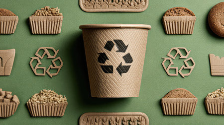 This image showcases an eco-friendly disposable cup adorned with a recycling symbol, surrounded by sustainable baked goods and natural textures, promoting an environmentally conscious lifestyle.の素材