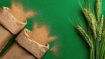 Close-up view of brown grain spilling from open bags alongside fresh wheat stalks set against a vibrant green background, perfect for agricultural and food-related themes.の素材