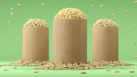 A visually striking arrangement of textured granules in cylindrical cardboard containers against a lively green background, showcasing freshness and versatility.の素材