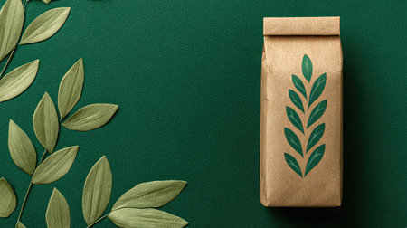 A stylish eco-friendly package featuring a natural leaf design on a rich green background, perfect for showcasing sustainable products and organic brands.の素材