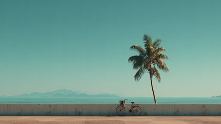 A stunning coastal landscape featuring a bicycle next to a palm tree, set against a calm ocean backdrop with distant islands. Perfect for travel themes.の素材