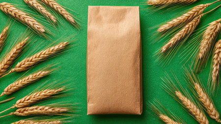 A rustic brown paper bag rests at the center, surrounded by golden wheat ears on a vibrant green background, perfect for organic food promotions or agricultural themes.の素材