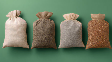 A visually appealing display of four different bags filled with various grains and seeds set against a soft green background, ideal for agriculture-related concepts.の素材