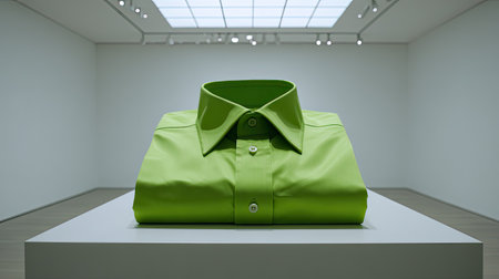 A vibrant green shirt is thoughtfully folded and displayed on a white pedestal within an art gallery, highlighting modern design and minimalism.の素材