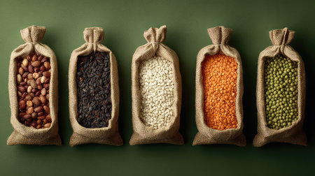 This image features assorted grains and legumes neatly arranged in natural fabric bags against a green backdrop, perfect for healthy culinary themes.の素材