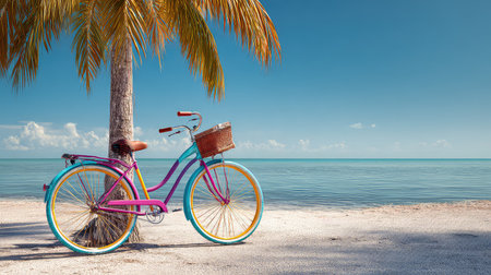 A vibrant vintage bicycle rests against a palm tree on a serene beach, featuring an azure sky and calm waters, perfect for summer relaxation.の素材