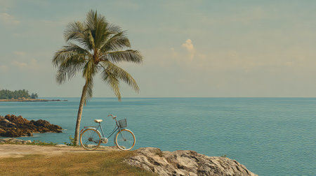 A stunning coastal view featuring a vintage bicycle resting beside a palm tree, with the serene blue ocean and rocky shoreline creating a perfect summer escape.の素材