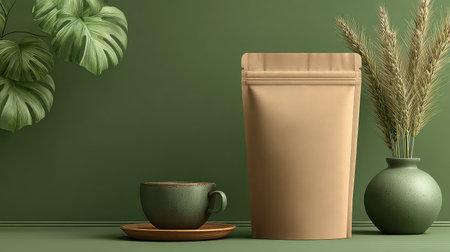 This image features a minimalist arrangement with brown packaging, a ceramic cup, and decorative greenery, creating a stylish and calming ambience.の素材
